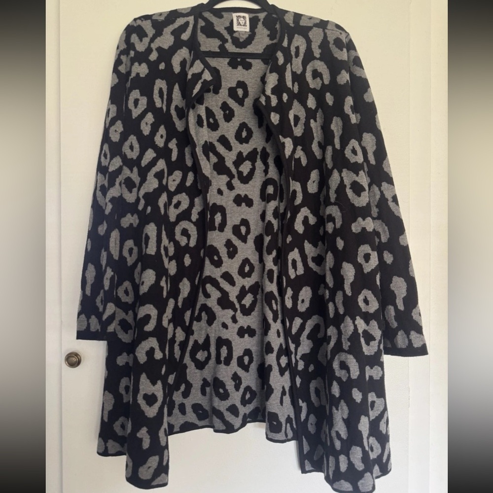 Anne Klein Women's Leopard Print Cardigan Sweater Oversized Large Gray Black